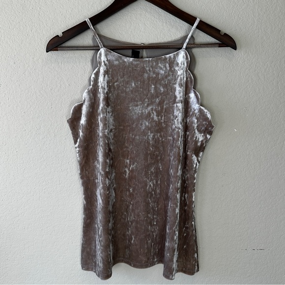 IN Crushed Velvet Halter Tank Top Size S Light Grey Scalloped  Trim Romantic Y2K - Picture 1 of 11